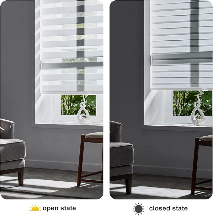 Persilux Cordless Zebra Blinds, Dual Layer Roller Shades (22" W x 72" H, White) Free-Stop for Doors, Light Control Day and Night, Light Filtering Sheer for Home