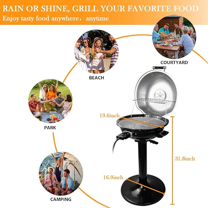 Electric Grill, Techwood Indoor/Outdoor Electric BBQ Grill, 1600W Portable Removable Stand Grill with Adjustable Heat & Drip Tray, Double Layer Design for Party, Patio & Backyard, Dust Cover(Silver)