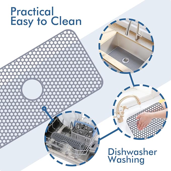 Bestjing Silicone Sink Protectors for Kitchen Sink with Center Drain - 29.7"x 15.5" Kitchen Protector Accessory, Non-Slip Heat Resistan Mat for Bottom of Farmhouse Stainless Steel Porcelain (Gray)