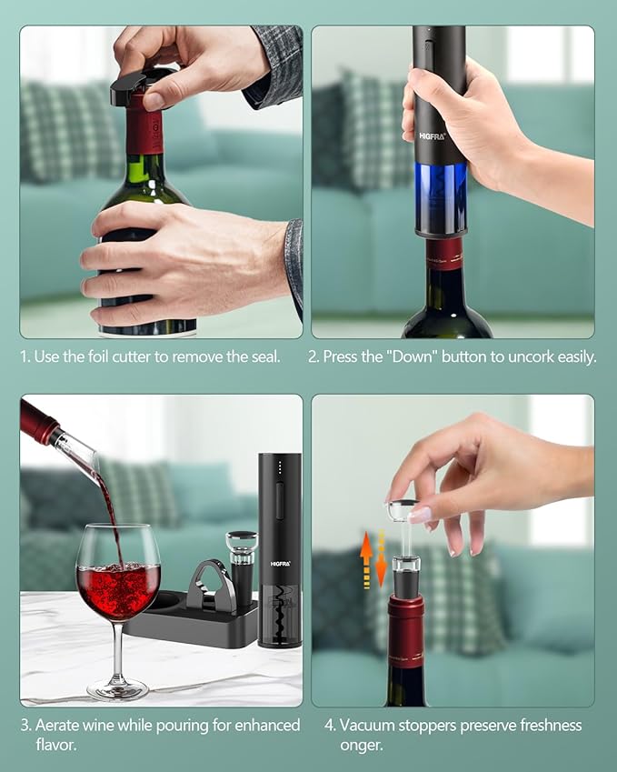 Electric Wine Opener Gift Set - Premium Wine Accessories with Wine Aerator, Vacuum Stopper, Foil Cutter and Gift Box - Ideal Valentines Gift for Wine Lovers and Special Celebrations