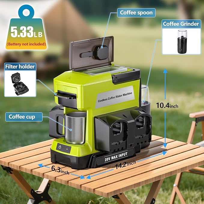Taingwei Cordless Coffee Maker for Ryobi 18V Battery, Portable Drip Coffee Maker with Electric Coffee Grinder for RV, Camping, Travel, Car, Hiking (Battery Not Included)