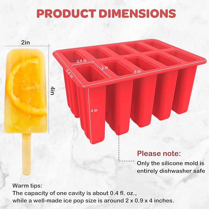 Miaowoof Homemade Popsicle Molds, 10-Cav Non-BPA Silicone Ice Pop Maker, with 50 Sticks, 50 Bags, 10 Reusable Sticks, Funnel, Brush and Ice Pop Recipe (Red+Bin)