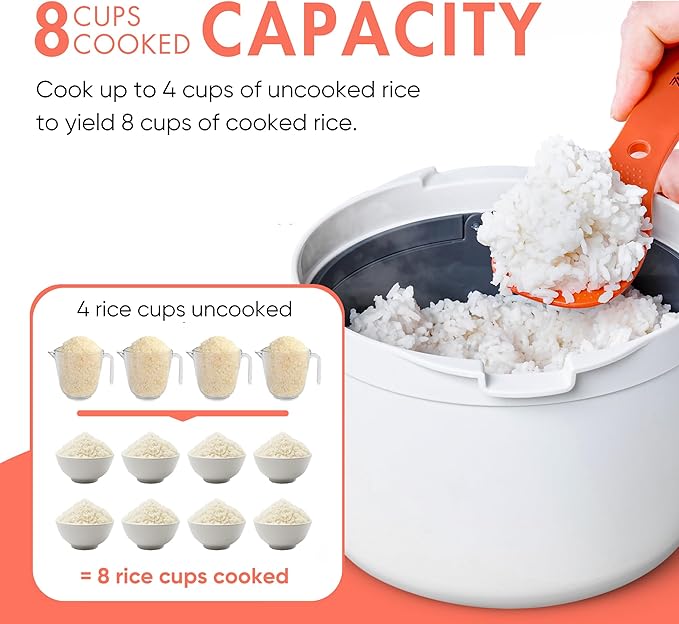 Microwave Rice Cooker Steamer and Pasta Cooker with Strainer - Mess-Free Design, Dishwasher Safe, Cooks Up to 8 Cups