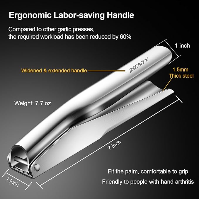 Garlic Press Stainless Steel，Premium Garlic Mincer Tool，No Need to Peel Garlic Ginger Crusher & Masher Easy Squeeze Large Trough Ergonomic Handle，Rust Proof，Dishwasher Safe (5 Years Warranty)