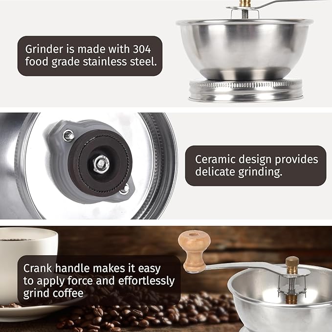 Mason Jar Coffee Grinder, Manual Coffee Grinder Lid Attachment for Wide Mouth Mason Jars, Stainless Steel Mason Jar Lid and Ceramic Burr,Ideal for Camping & Home Barista