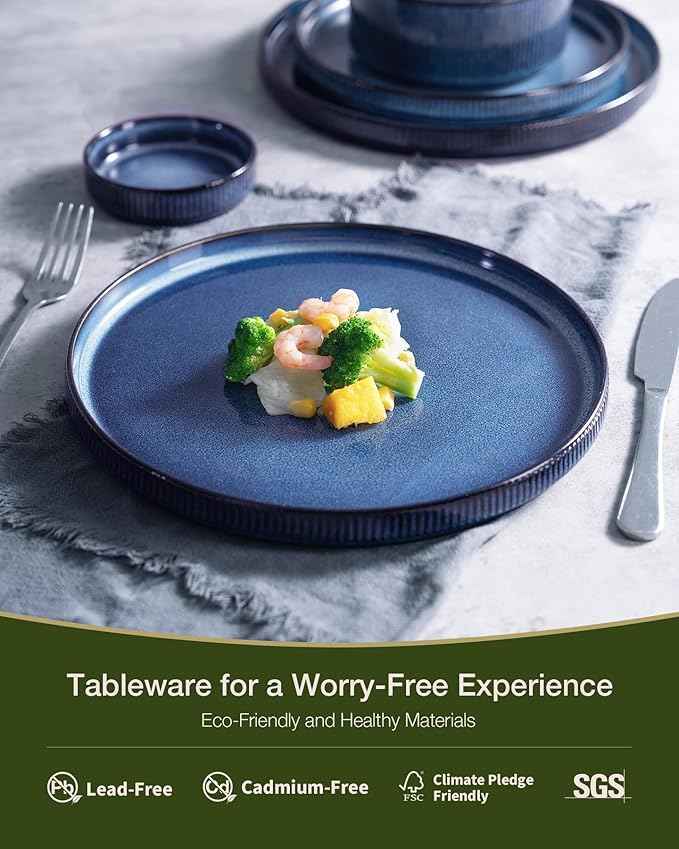 Famiware Star Dinnerware Set with Pasta Bowls, Service for 6 (24 Pieces), Ribbed Stoneware Plates and Double Bowls Sets - Chip & Scratch Resistant, Microwave & Dishwasher Safe Dishes, Nebulas Blue