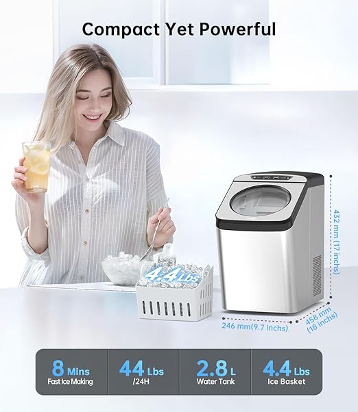 WIE Nugget Ice Maker Countertop, 44 lbs in 24 Hours, Pellet Ice Maker Machine with Self-Cleaning, 0.75 Gallon Tank & Scoop Included, Crushed Pebble Ice Makers for Home/Office/Bar/Party, Silver