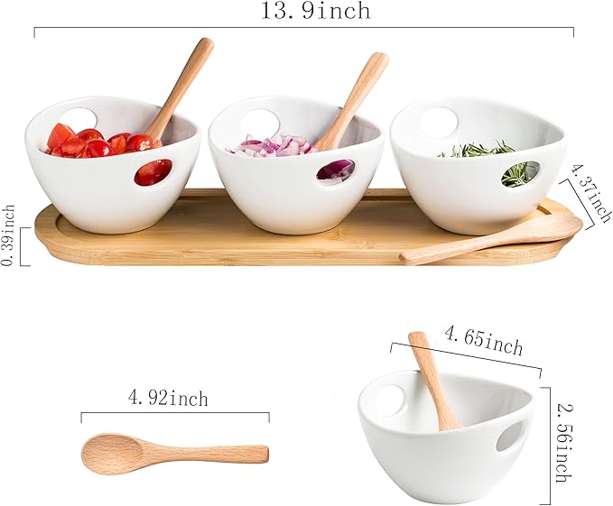 Miamolo Chip and Dip Serving Set, Dipping Sauce Bowls Divided Serving Dishes with Wooden Spoons, Ceramic Dip Bowl Display Serving Tray for Party Dinner Entertaining