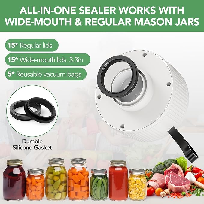 Electric Mason Jar Vacuum Sealer Kit – Automatic Jar Sealer for Wide & Regular Mouth Mason Jars, Food Storage Vacuum Sealer for Coffee Beans, Dry Food & Meal Prep Includes 30 Lids