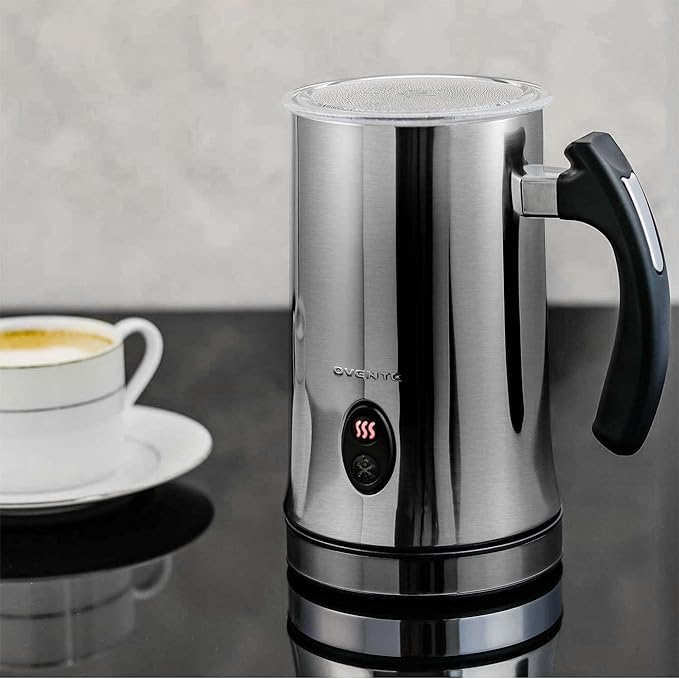 Ovente Electric Double Wall Insulated Milk Frother with 5 Ounce Frothing and 10 Ounce Heating Capacity, Hot or Cold Froth Function Available for Hot Latte, Cappuccino, and More, Silver FR4810BR