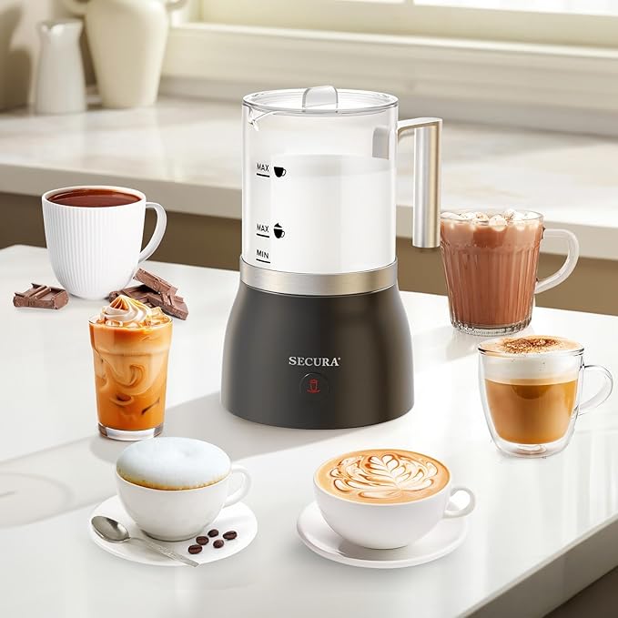 Secura Detachable Milk Frother and Steamer, 17oz Electric Milk Warmer with Glass Jug, 4-in-1 Hot & Cold Foam Maker for Latte, Cappuccinos & Hot Chocolate, Dishwasher Safe, BPA & Teflon-Free Design
