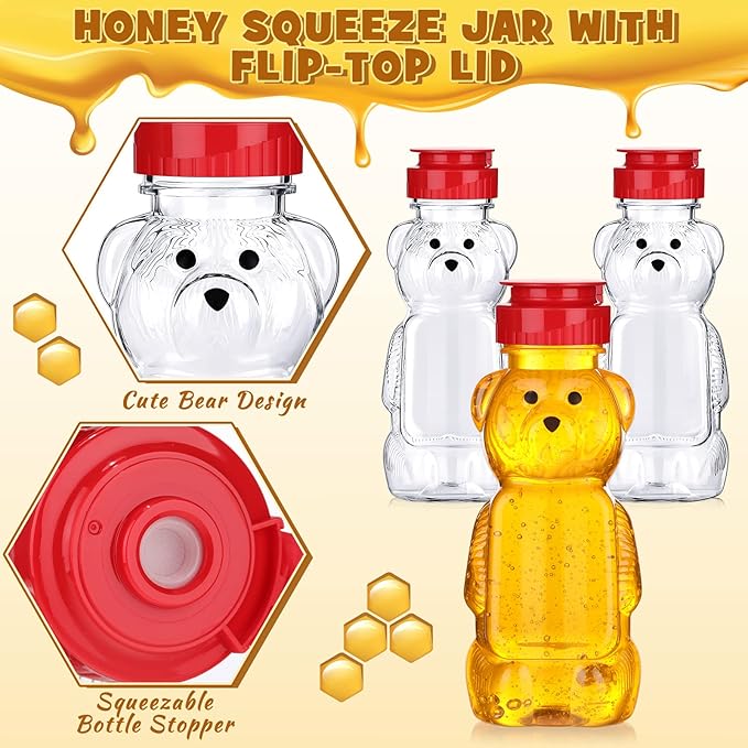 Thenshop 36 Pcs 8 oz Honey Jar Plastic Empty Bear Bottle Dispenser Clear Transparent Honey Containers Bear Cup Squeeze Bottle with Flip Top Lid for Storing Dispensing(Red Lid)