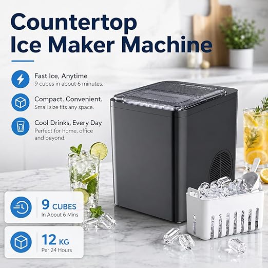 Countertop Ice Maker Machine, 9 PCS/ 6Mins Compact Nugget Ice Maker, 2 Size Ice Cube, Self Cleaning, for Home Kitchen Office Bar RV Apartment Camping White
