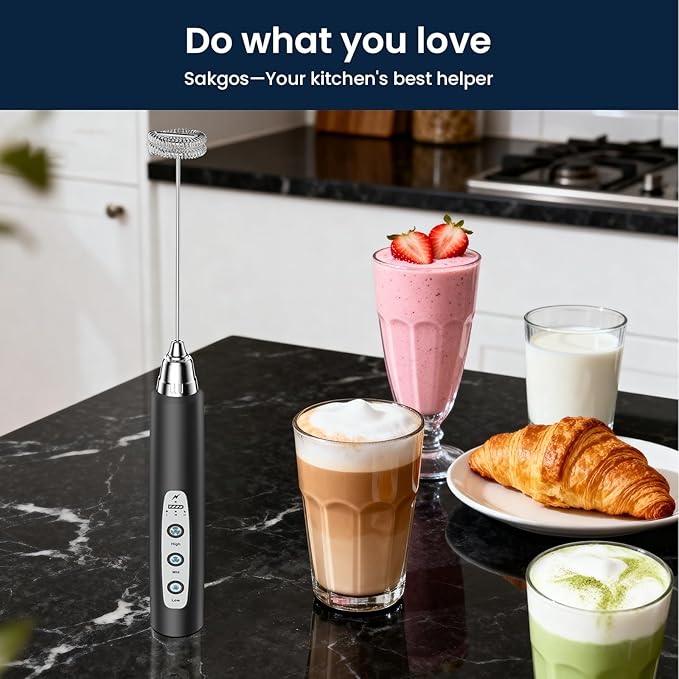 Sakgos Milk Frother Rechargeable Handheld-Electric Whisk 3 Speed Adjustable, Frother Wand Coffee with 3 Stainless Whisks, Electric Foam Maker, Drink Mixer Blender for Latte Cappuccino Matcha Egg