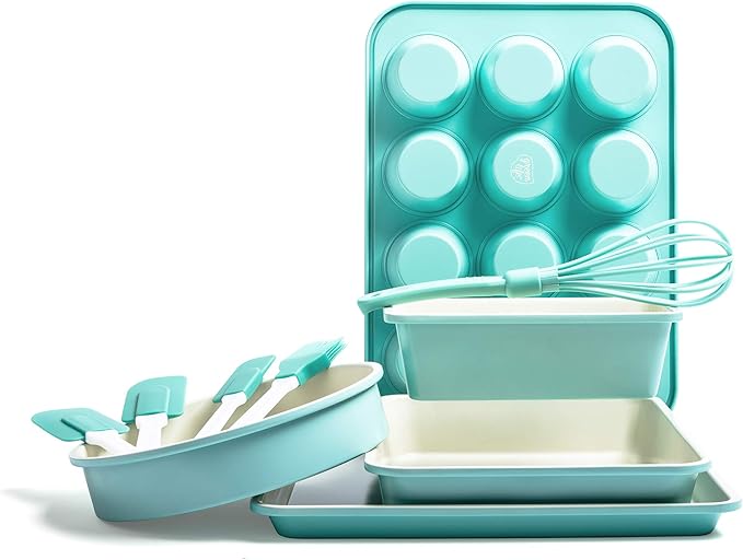 GreenLife Cooking Tools and Utensils, 5 Piece Nylon and Silicone Baking Set with Spatulas Wisk and Brush, Dishwasher Safe, Turquoise