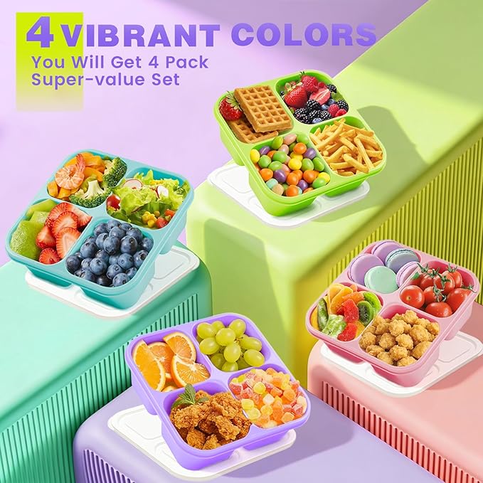 4 Pack Snack Containers Bento Box Adult Lunch Box,Meal Prep Container, Reusable Food Storage lunch Containers Stackable for Work, Travel and Gym (Grass Green, Pink, Green, Purple)