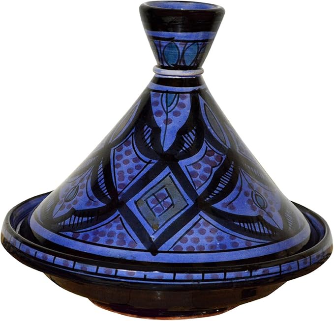 Moroccan Handmade Serving Tagine Ceramic With Vivid colors Original 8 inches Across White & Blue