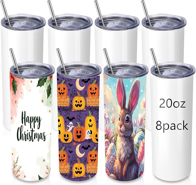 Volhoply 8 Pack Skinny Sublimation Tumblers with Lid and Straw, 20oz Stainless Steel Straight Tumbler Bulk, Vacuum Insulated Coffee Mug for Home, Office, Travel, DIY (Sublimation,8 Pack)