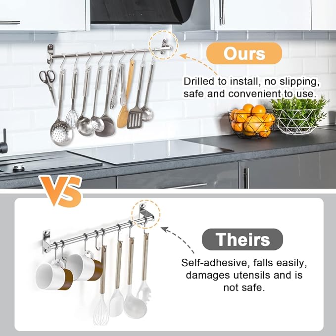 Kitchen Utensils Holder Hanging Racks 304 Stainless Steel Rail Utensil Storage Hanger Wall Mounted Rack for Tools and Pots(40cm)