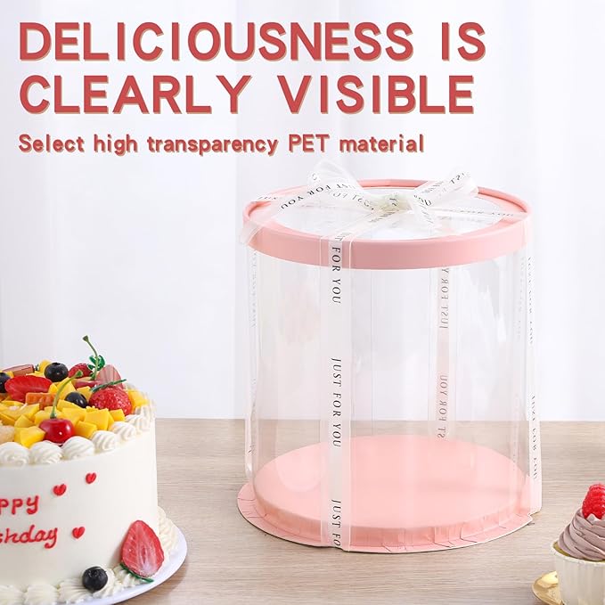 JCD 6Pcs 8.5 * 9.5inch Round clear cake boxes with Ribbon,Ideal for 7inch and 6inch Tall Layer Tiered Cakes,Multi-Layer cake boxes for Christmas Bakery Treat (Pink, Round 8.5inch/6pcs)