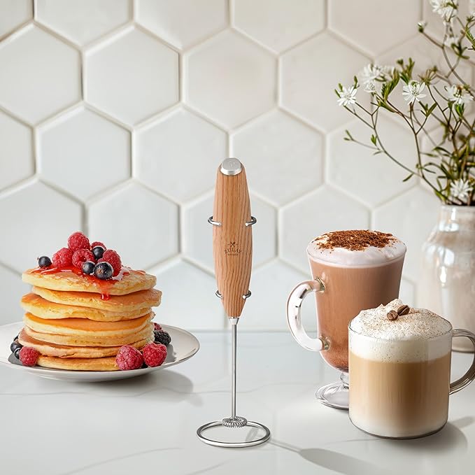 Zulay Kitchen Powerful Milk Frother Wand With 4 AA Duracell Batteries - Ultra Fast Handheld Drink Mixer - Electric Whisk Foam Maker for Coffee, Lattes, Cappuccino, Matcha & Creamer - Maple