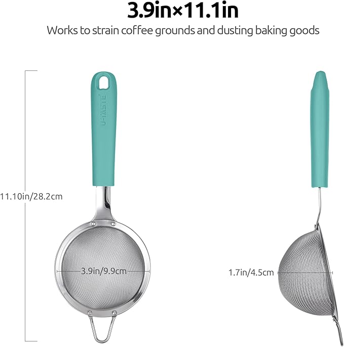 U-Taste 12 Piece Measuring Cups and Spoons Set in 18/8 Stainless Steel, and 18/8 Stainless Steel 3.9 inch 30 Mesh Strainer (Aqua Sky)