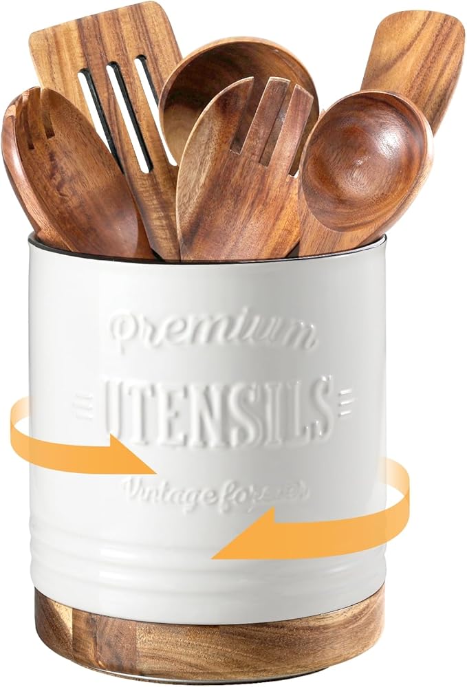DOWAN 360° Rotating Extra Large Cooking Utensil Holder, 7.6" Kitchen Utensil Holder for Countertop, Utensil Crock for Farmhouse Kitchen Decor, Ceramic Stable Utensil Caddy, White Text