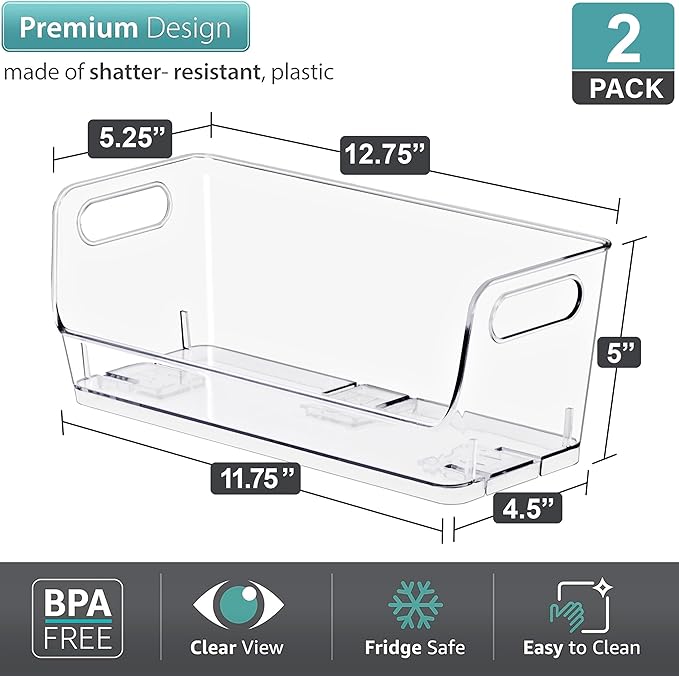 Sorbus Stackable Storage Bins Open Front, Clear Stackable Storage Bins, Pantry Bins for Storage and Organization, Acrylic Stackable Bins for Kitchen, Clear Pantry Organizer Bins (Small Wide 2 Pack)