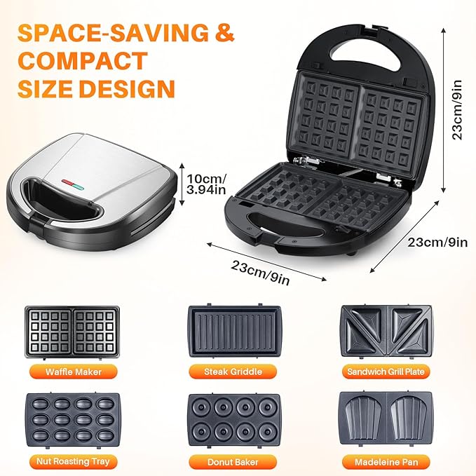 6 in 1 Waffle Iron Set, Panini Press Grill and Electric Sandwich Maker with Removable Non-Stick Plate, Ideal for Cooking Grilled Cheese, Tuna Melts, Burgers