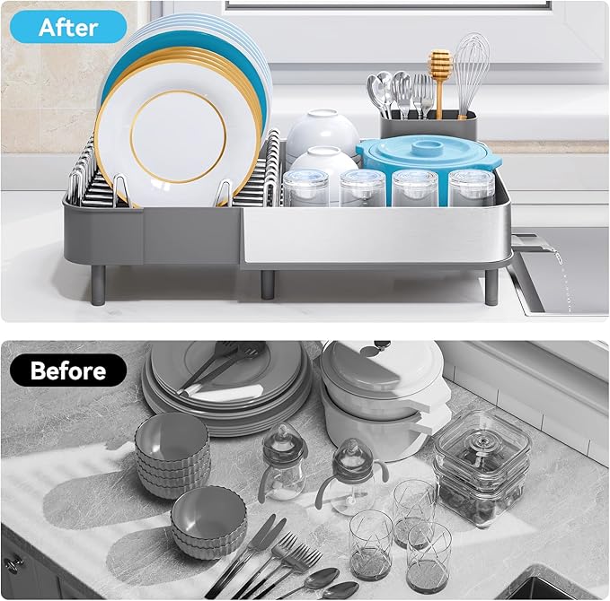 Urackify Dish Drying Rack, 304 Stainless Steel Dish Drainer with Removable Utensil Holder & Drain Board, Rustproof Space-Saving Dish Rack for Kitchen Countertop, Grey