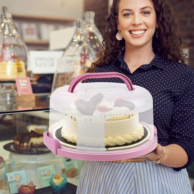 Zoofen Plastic Cake Carrier with Handle 10in Cake Holder Cake Stand with Lid Pink Cake Container for 10in Cake Round Cake Carrier for Transport