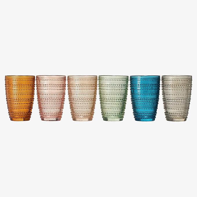 Khen Beaded Highball Tumbler Drinking Glasses Set | Set of 6 | Vintage Hobnail Bubble Design Whiskey Glassware, Old-Fashioned, Art Deco Glass for Water, Wine, Cocktail Dishwasher Safe (14.6 OZ)