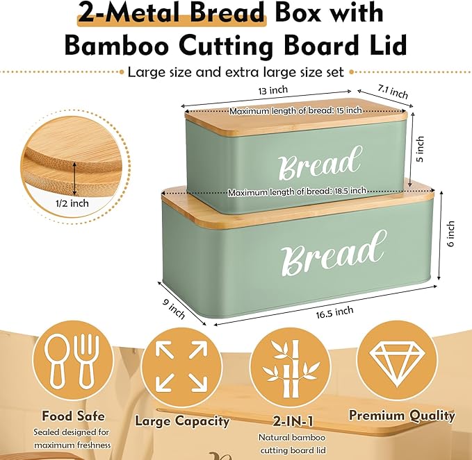 Teenyyou 2 Pcs Extra Large Bread Box with Slicer, Metal Farmhouse Bread Storage Container with Bamboo Cutting Board Lids Multi-size Breadbox Set for Kitchen Countertop (Sage Green)