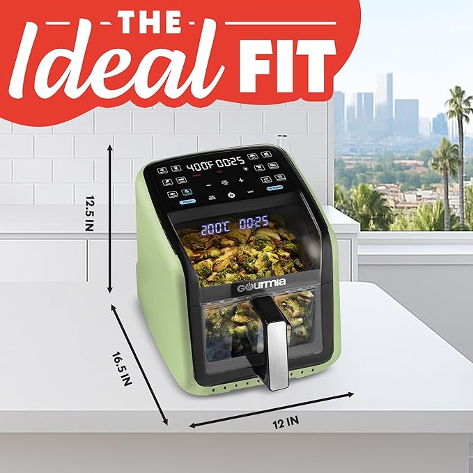Gourmia Air Fryer 7 QT - Easy View Panorama Window & Interior Light, Guided Cooking with 12 One-Touch Presets, FryForce 360, Dishwasher Safe Accessories, Green
