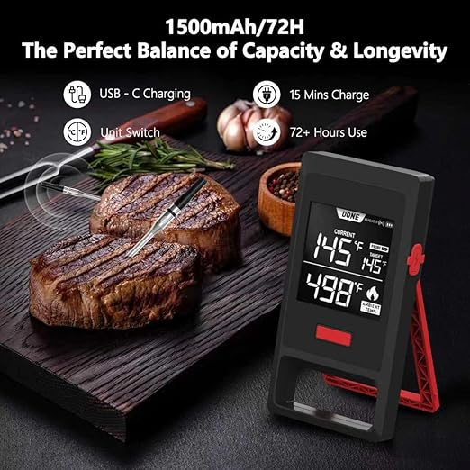 Smart Wireless Meat Thermometer – Bluetooth Digital BBQ Thermometer with Wireless Probe, USB-C Rechargeable, IP65 Waterproof – Long Range Smoker Grill Thermometer for Cooking & Roasting
