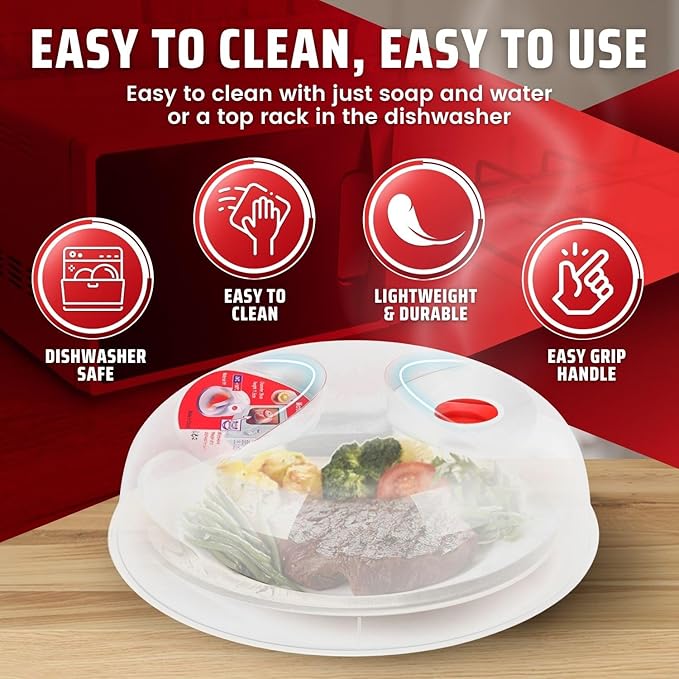 Flexzion 2 Pack 10 Inch Small Microwave Splatter Cover - BPA-Free Anti-Splatter Microwave Cover with Adjustable Steam Vent, Dishwasher Safe, Transparent Plastic Food Covers for Microwave Cooking