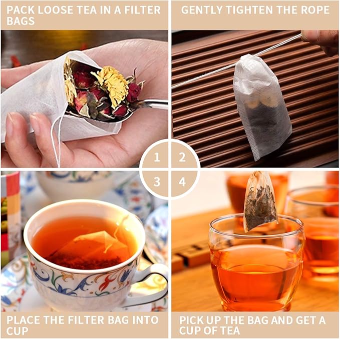 BEFORYOU 400 Pack Disposable Drawstring Tea Filter Bags Safe & Natural Unbleached Paper Tea Infuser Drawstring Empty Bag for Loose Leaf Tea (6 x 8cm, Natual Color)