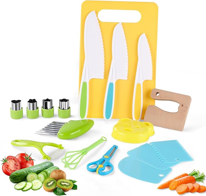 16PCS Montessori Kitchen Tools Cookware Baking Toy, Toddler Baking Set for Real Cooking includes 3 Serrated Edges Plastic Toddler Knives, Cutting Board, Y Peeler, Egg Beater, Toddler Food Picks