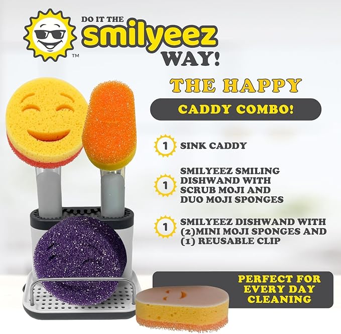 Smilyeez Caddy Combo, Sink Caddy, Smiling Handle, 2 Scrub Moji Sponges, Dishwand with 2 Mini Moji Sponges (Black)