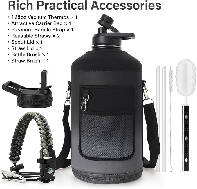DYSANKY 1 Gallon Water Bottle Insulated | Thickened Stainless Steel Vacuum Metal Water Jug | Portable Sports Large for Gym and Hiking with Straw, Carrier Bag, Handle Strap | BPA-Free 128 oz