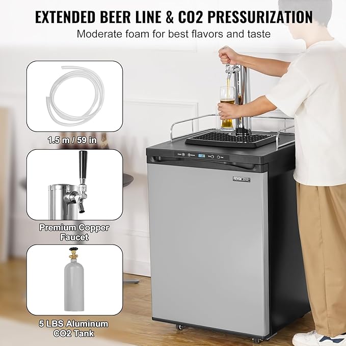 VEVOR Beer Kegerator, Single Tap Draft Beer Dispenser, Full Size Keg Refrigerator With Shelf, CO2 Tank(No Gas), Drip Tray & Rail, 23°F- 82.4°F Temperature Control, 162L, Silver