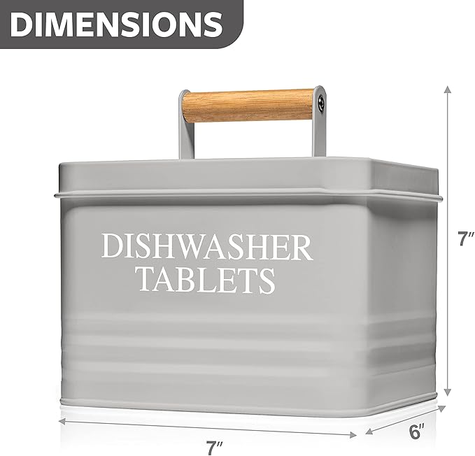 Calindiana Modern Farmhouse Metal Dishwasher Pods Container with Lid for Kitchen Organization and Storage, Kitchen Essentials Decor Accessories, Dishwasher Pods Holder, Grey