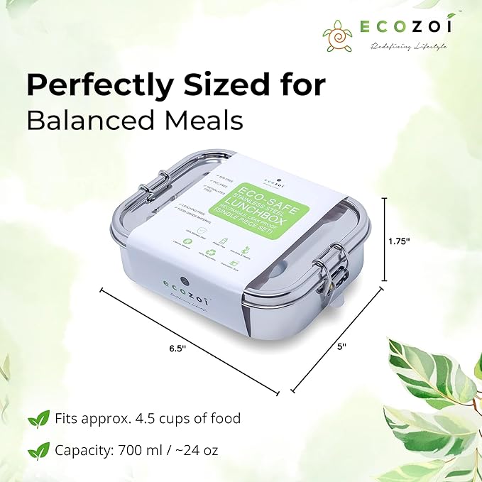 ecozoi Stainless Steel Lunch Box, Leak Proof 1 Tier Eco Metal Bento Box | Bonus Pod And Redesigned Silicone Seal | Sustainable Zero Waste Eco Friendly Food Storage Container