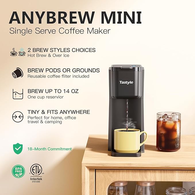 Tastyle Mini Hot and Iced Coffee Maker Single Serve, for K Cup and Ground, 6 to 14 Oz Brew Sizes, with Recipe Book, for Home, Travel, RV, Office and Dorm, Classic Black (2.0 Version)