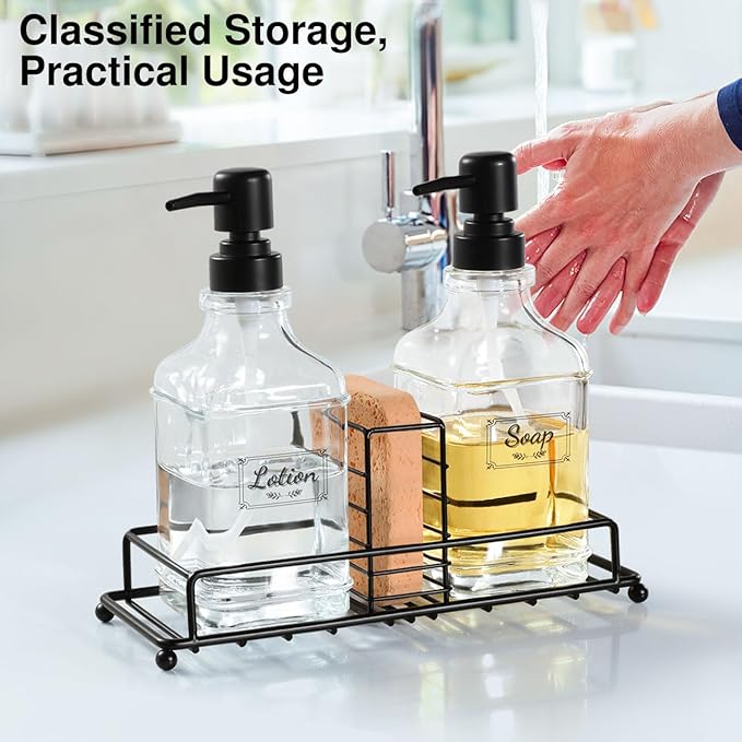 Shinowa Kitchen Soap Dispenser Set, Hand and Dish Soap Dispenser with Tray, 2-Pack Thick Glass Dish Dispenser for Kitchen & Bathroom, Soap and Lotion Dispenser Set Kit with Pump