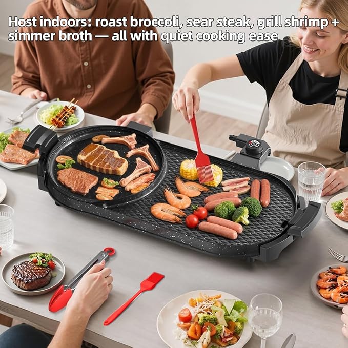 AORAN Electric Grill and Hot Pot Combo for Indoor Cooking, 2200W Detachable Dual Zone BBQ Griddle with Removable Split Pan, Non-Stick Surface, 29x11 Inch Family Size, Includes Grill Tools & Oil Paper