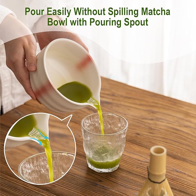 Matcha Whisk Set,Ceramic Matcha Set,with Ceramic Bowl,Bamboo Whisk&Holder,Scoop,Authentic Japanese Matcha,for Matcha Lovers,Gift for Family/Friend(Spotted Pink)