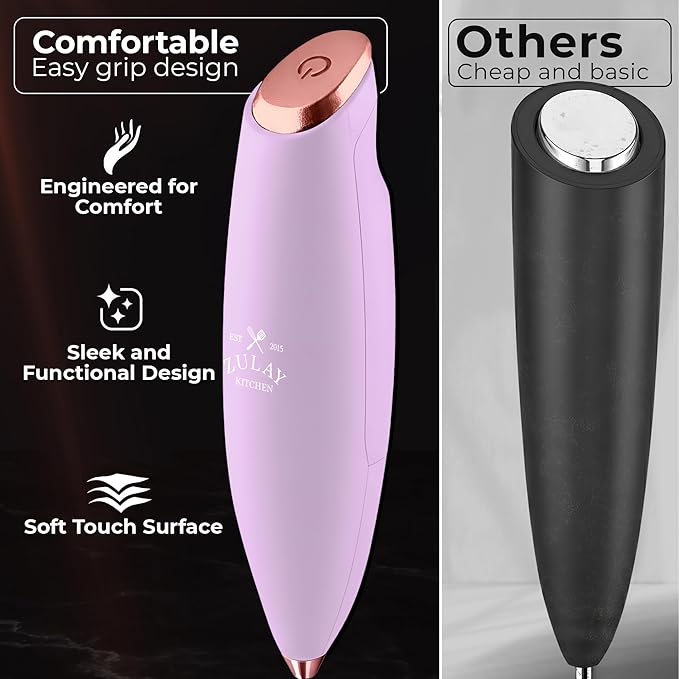 Zulay Kitchen Patented Tornado Triple Whisk Milk Frother with 4 Duracell Batteries – Handheld Foam Maker for Coffee, Lattes, Matcha & Hot Chocolate – Rich, Creamy Froth in Seconds - Rose Gold