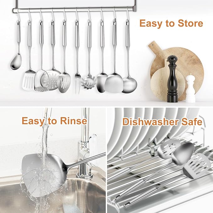 304 Stainless Steel Kitchen Utensils Set, 12 Pcs Long Metal Utensils Set with Potato Masher, Spoon, Ladle, Skimmer, Turner, Pasta Server, Tongs etc(Dishwasher Safe)