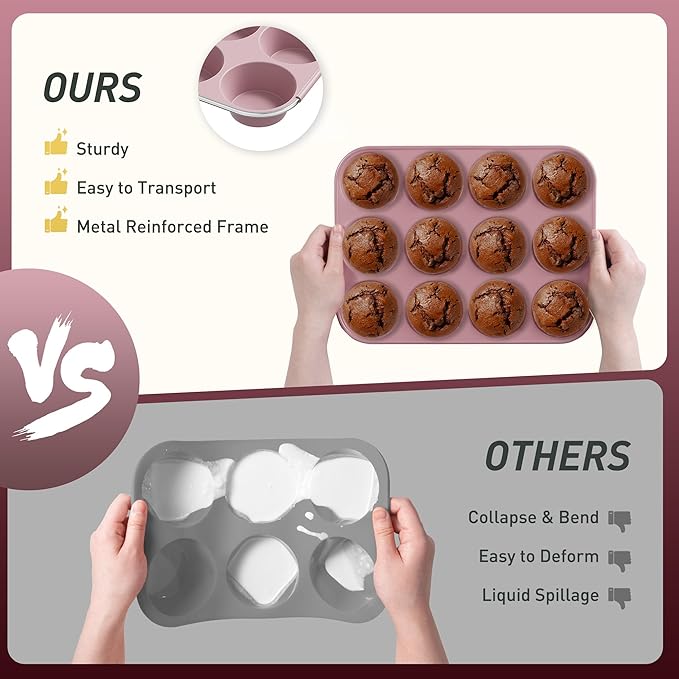 Socisen 2 Pack 12 Cups Muffin Pan with Metal Reinforced Frame Regular Size Silicone Molds Cupcake Cake Baking Pans Cookie Baking Chocoflan Cupcake Mold Silicone Egg Bite Molds Baking Items Stuff